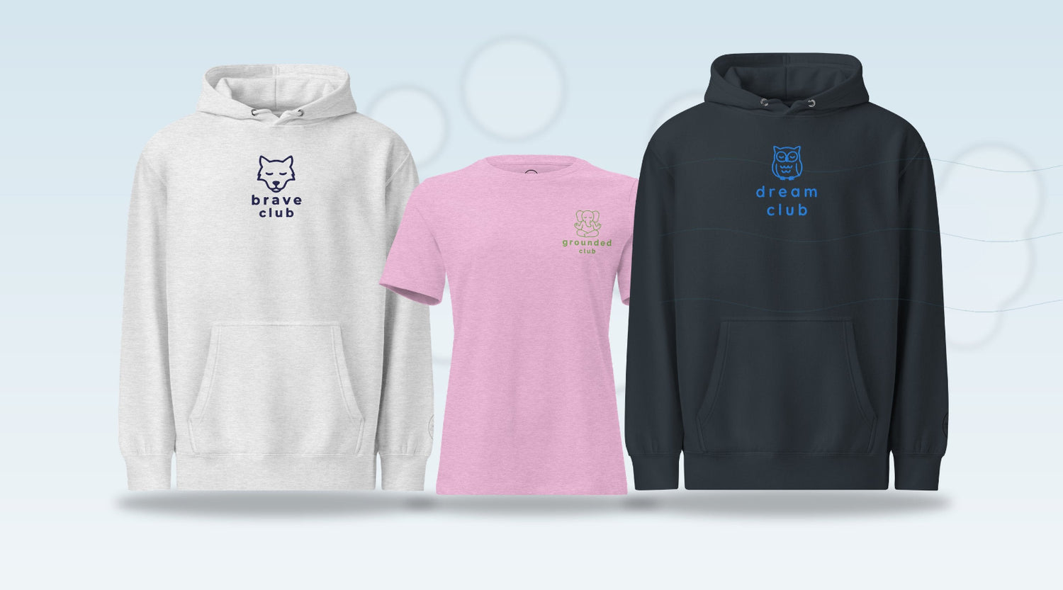 Two hoodies and a t-shirt with logos on a light blue background
