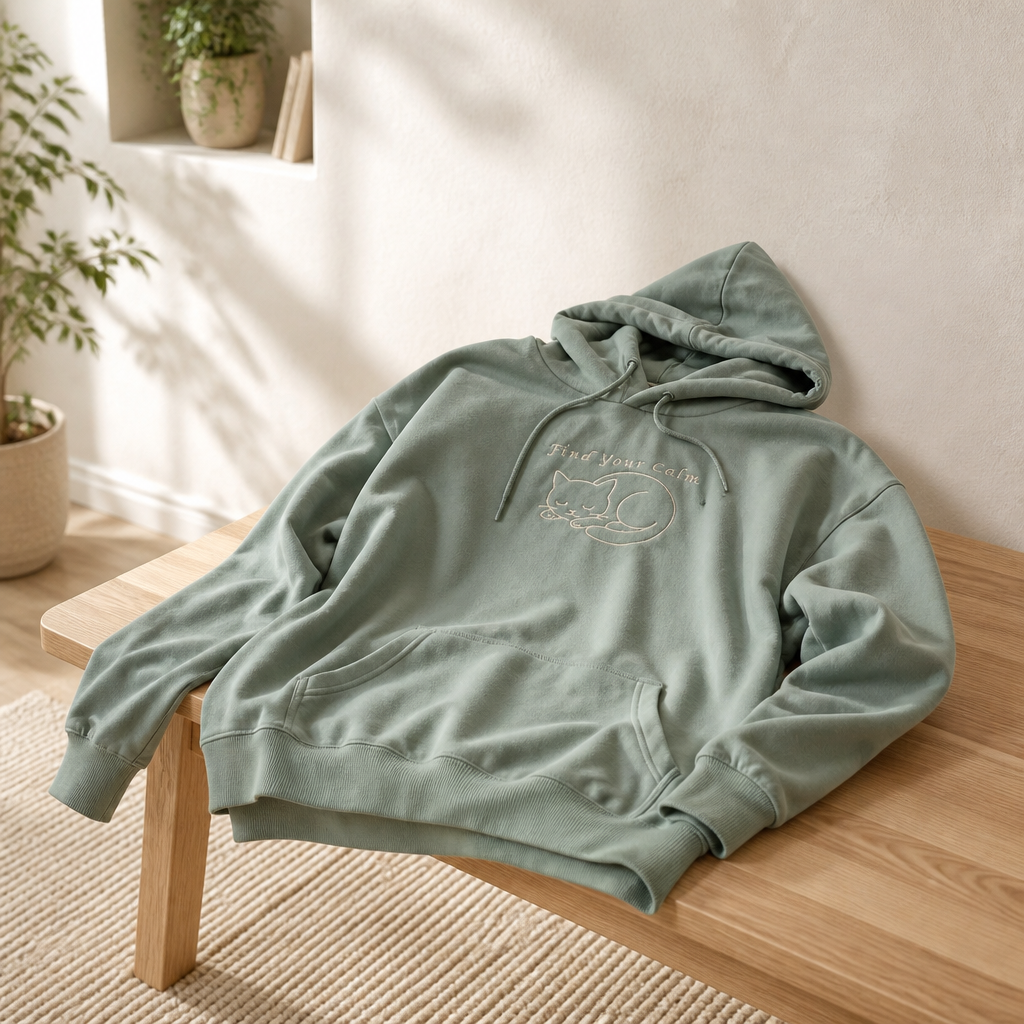Find Your Calm Premium Lightweight Hoodie with embroidered sleeping cat
