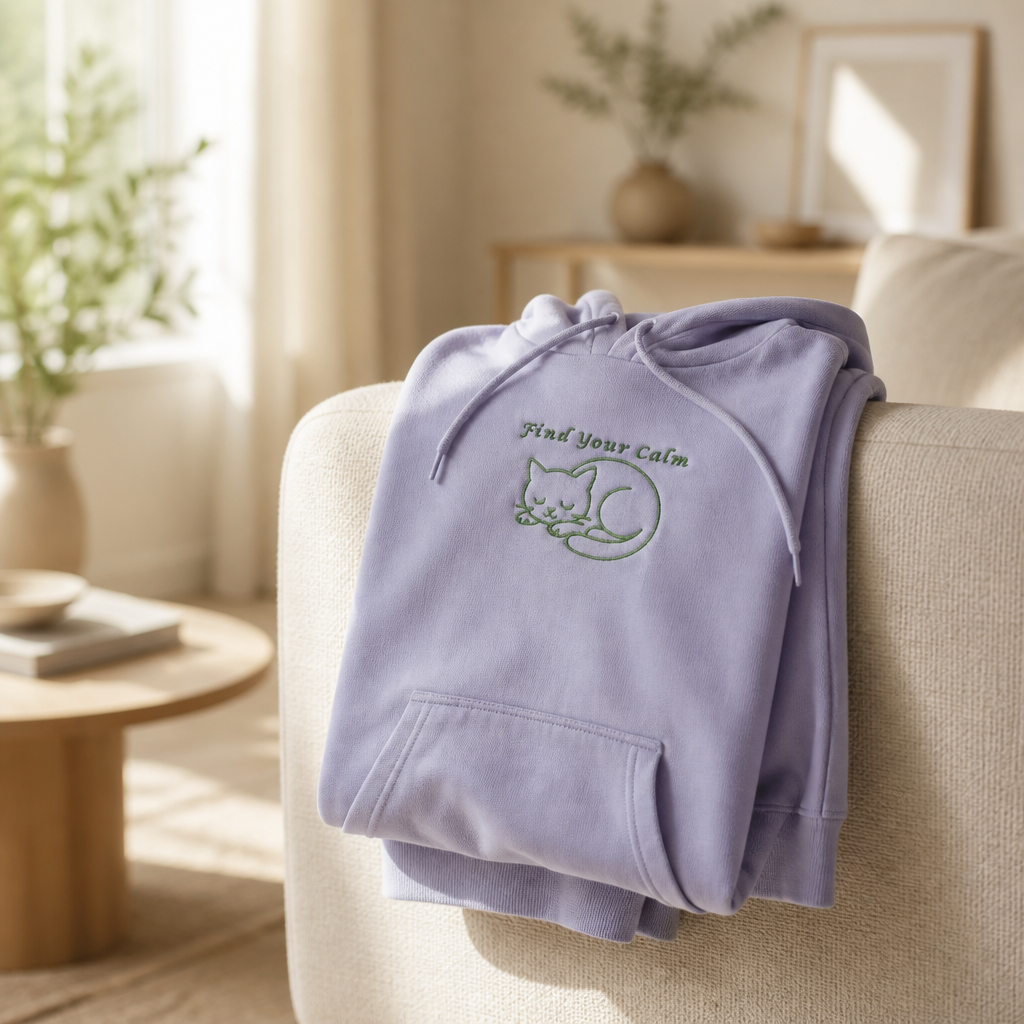 Find Your Calm Premium Lightweight Hoodie with embroidered sleeping cat