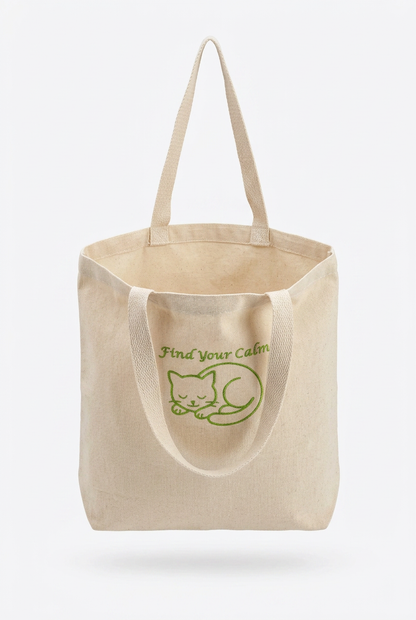 Find Your Calm Canvas Tote with embroidered sleeping cat design