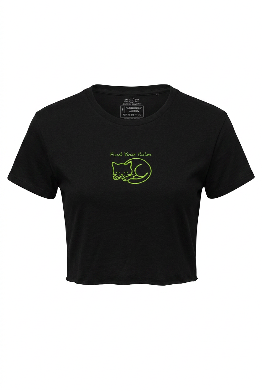 Find Your Calm Embroidered Festival Crop Top with sleeping cat design