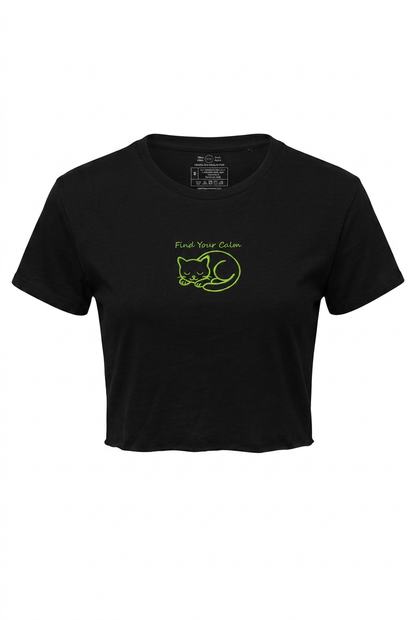 Find Your Calm Embroidered Festival Crop Top with sleeping cat design