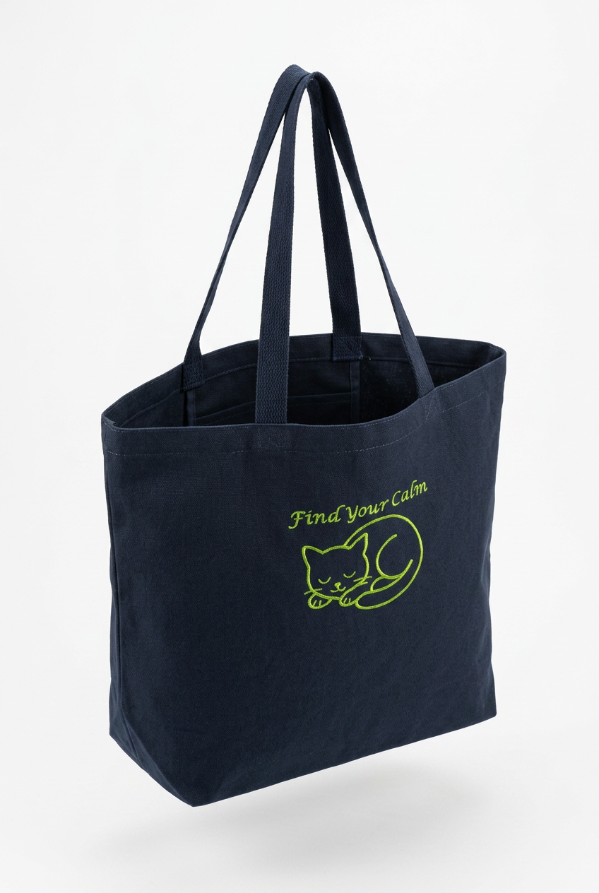 Find Your Calm Canvas Tote with embroidered sleeping cat design
