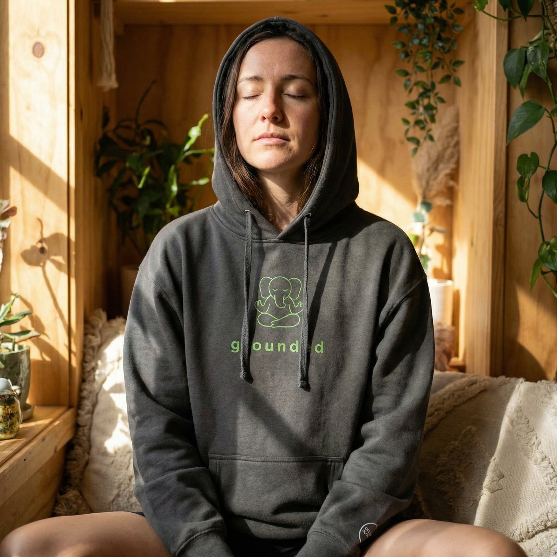 Person wearing a gray hoodie with a green logo and text, sitting in a meditative pose indoors.