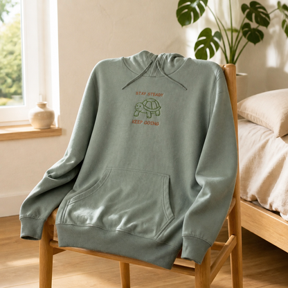 Stay Steady Keep Going Premium Lightweight Hoodie with embroidered turtle