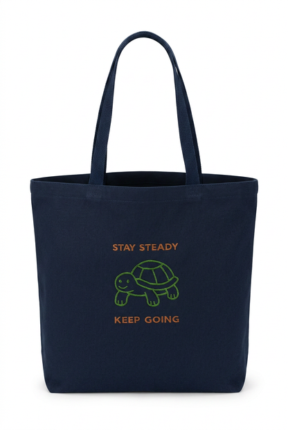 Stay Steady Canvas Tote with embroidered turtle design