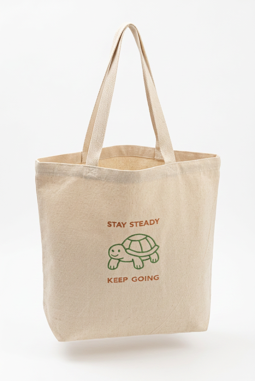 Stay Steady Canvas Tote with embroidered turtle design