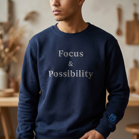 Person wearing a navy blue sweatshirt with 'Focus & Possibility' text in a home setting.